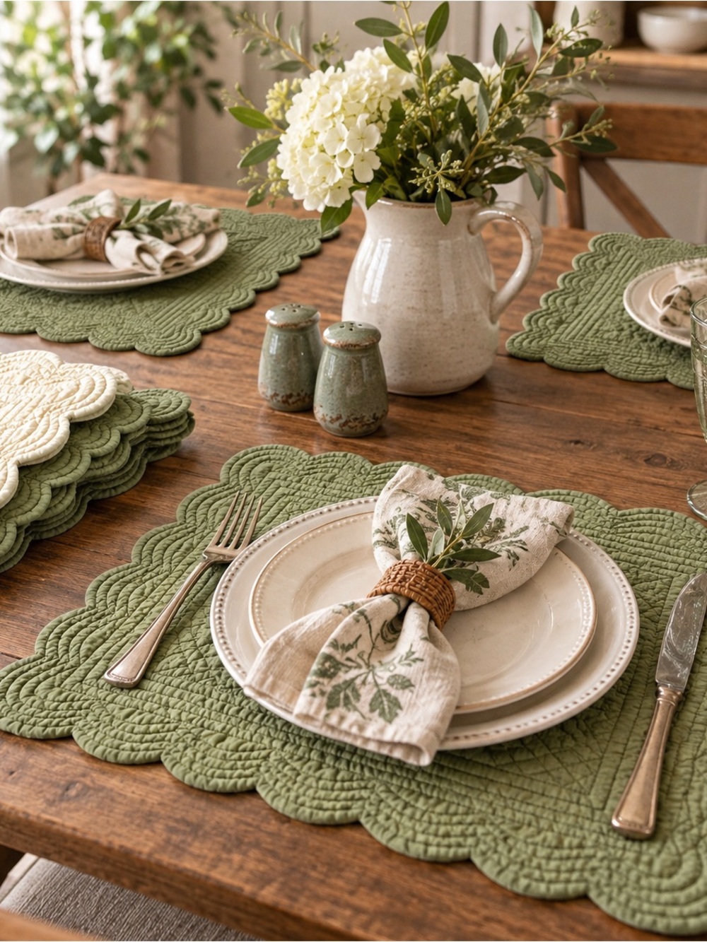 Set of 5 Quilted Scalloped Placemats Sage Green Cream Cottage Farmhouse